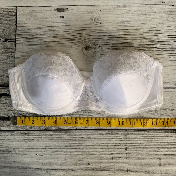 Vintage 90s Carnival Strapless Underwire White Satin Floral Lace Bra - Picture 9 of 11